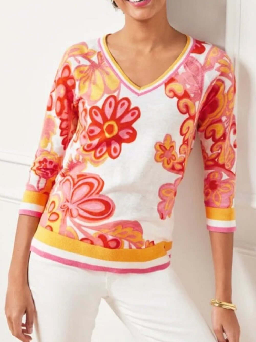 Talbots Groovy Floral V-Neck Pullover Sweater sz M Petite